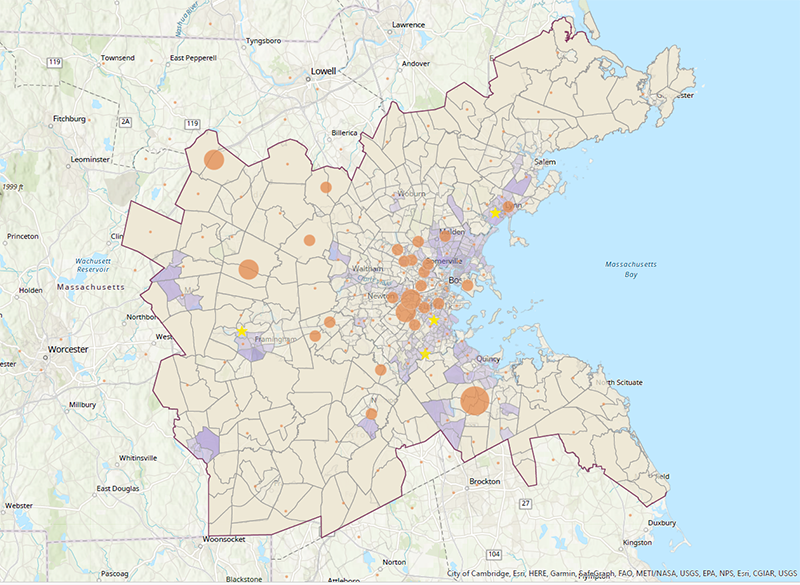 Map depicting the geographic distribution of survey responses (by zip code) for all FFY 2023 surveys in relationship to the distribution of the limited-English proficiency (LEP) population in the Boston region. The map also includes points where in-person events were held during FFY 2023. In person events were held in areas with a medium to high LEP population, but survey responses overlap less with this population, particularly outside of the inner core.